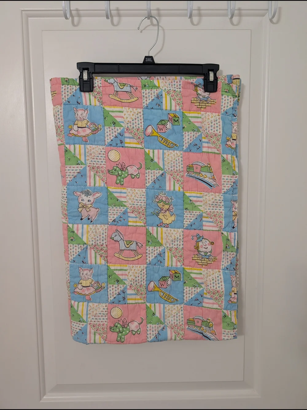 Vintage Baby Nursery Quilt 31x45 Pink Patchwork Storybook Animals Blanket